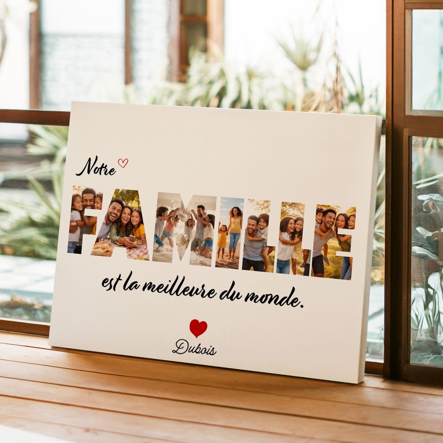 Toile Famille Personnalisée – Photos dans le Mot FAMILLE – Cadeau Unique avec Nom