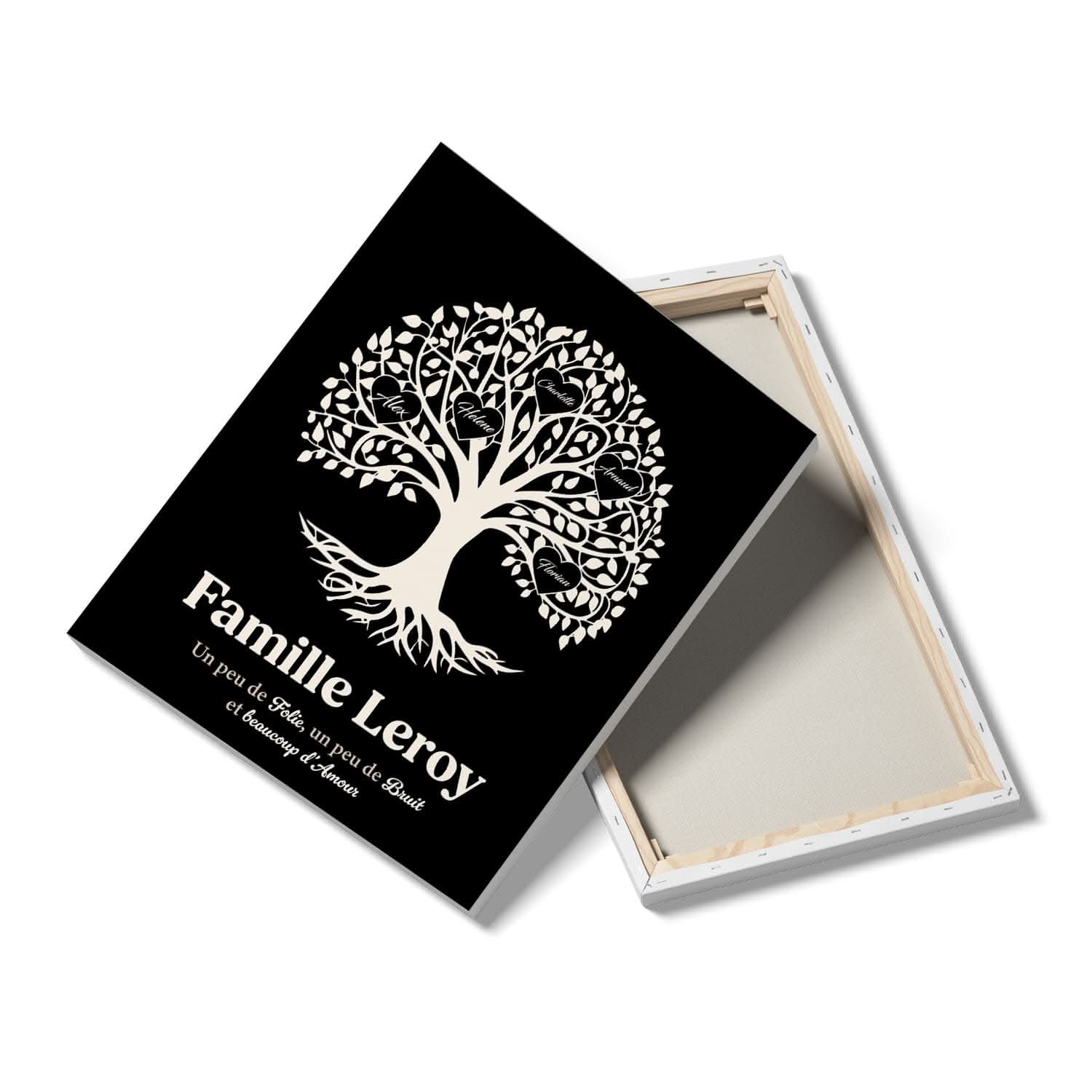 Toile Arbre Généalogique Personnalisé avec Prénoms – Cadeau Famille Original (Noir)