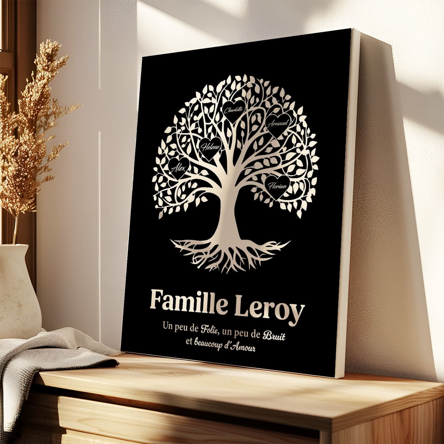 Toile Arbre Généalogique Personnalisé avec Prénoms – Cadeau Famille Original (Noir)