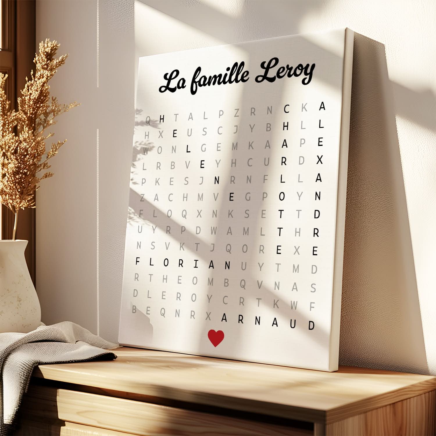Toile Mots Mêlés Famille Personnalisée – Prénoms Cachés – Cadeau Original (Blanc)