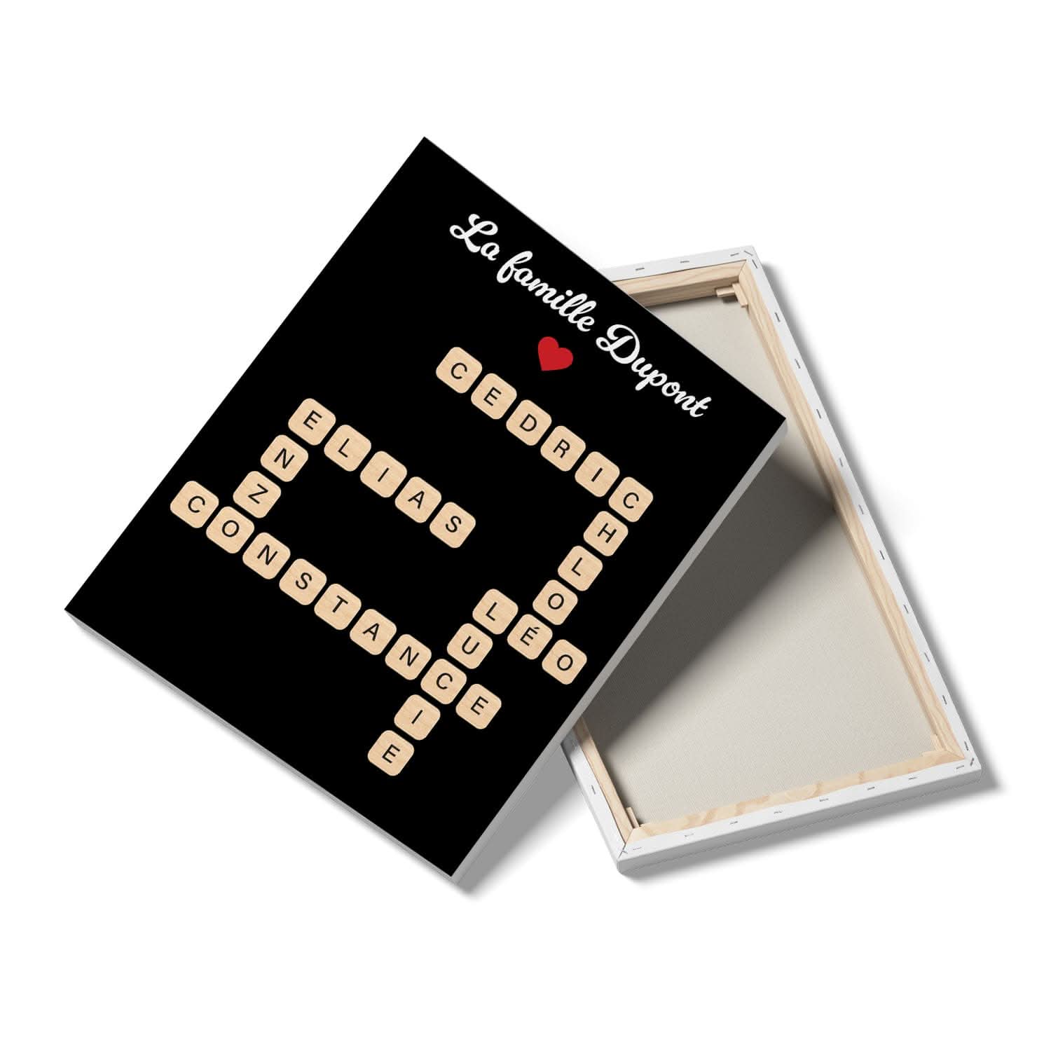 Toile Mots Croisés Famille Personnalisée – Prénoms Style Scrabble – Cadeau Original (Noir)