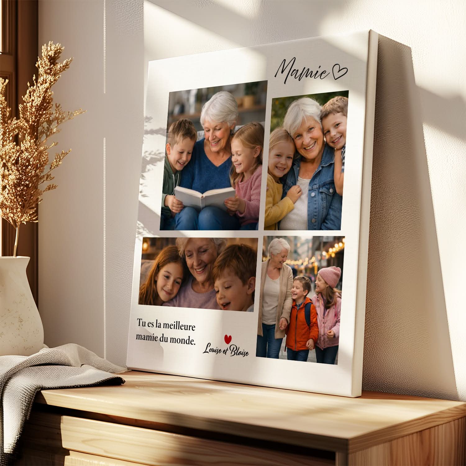 Toile Mamie Personnalisée – Collage 4 Photos avec Prénoms – Cadeau Grand-Mère Original