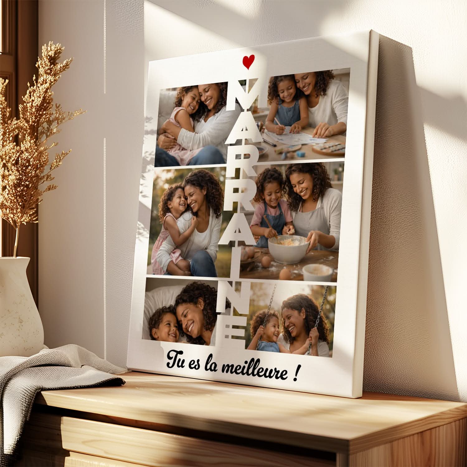 Toile Marraine Personnalisée – Collage Photos Vertical MARRAINE – Cadeau Marraine Original