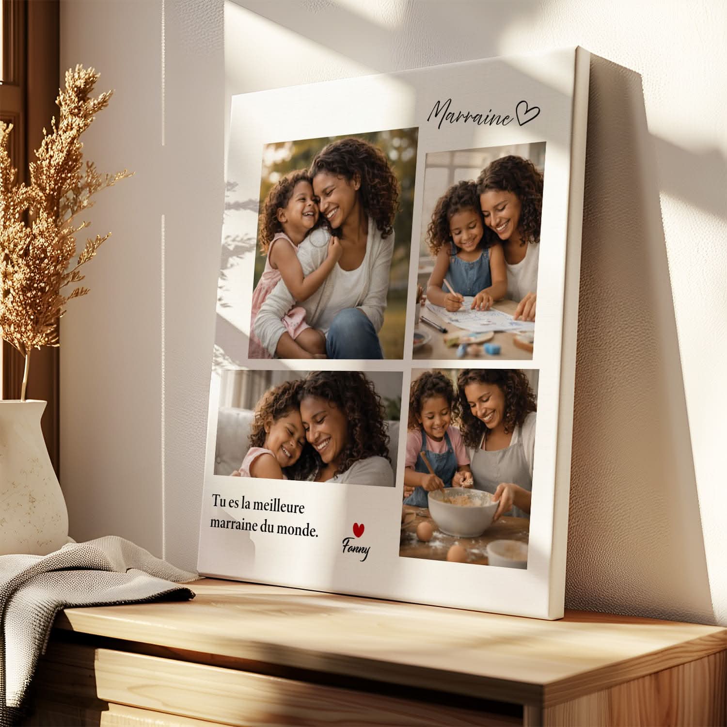 Toile Marraine Personnalisée – Collage Photos avec Prénom &amp; Message – Cadeau Marraine