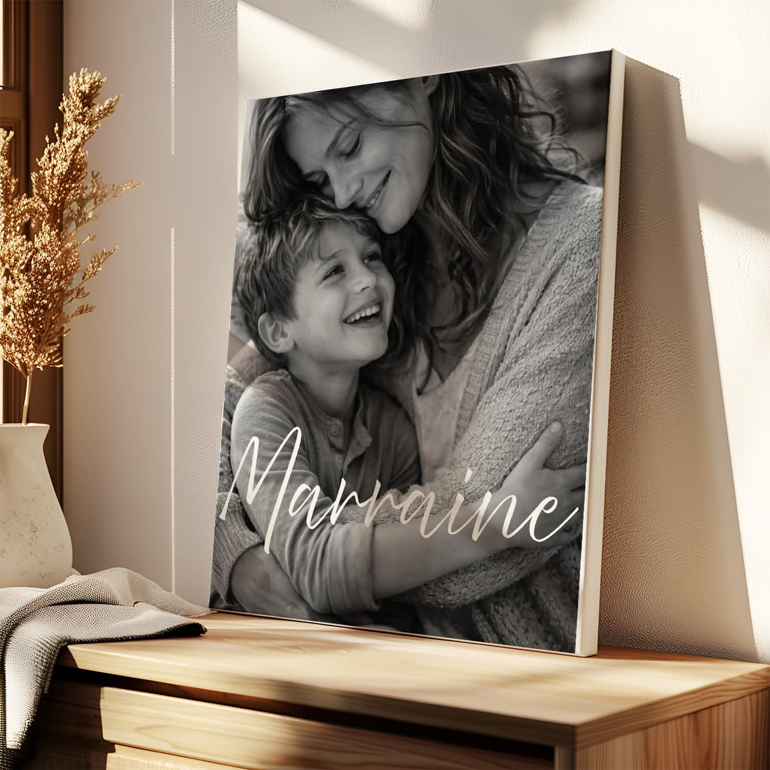 Toile Marraine Personnalisée Noir &amp; Blanc – Photo Pleine Page – Cadeau Marraine Élégant