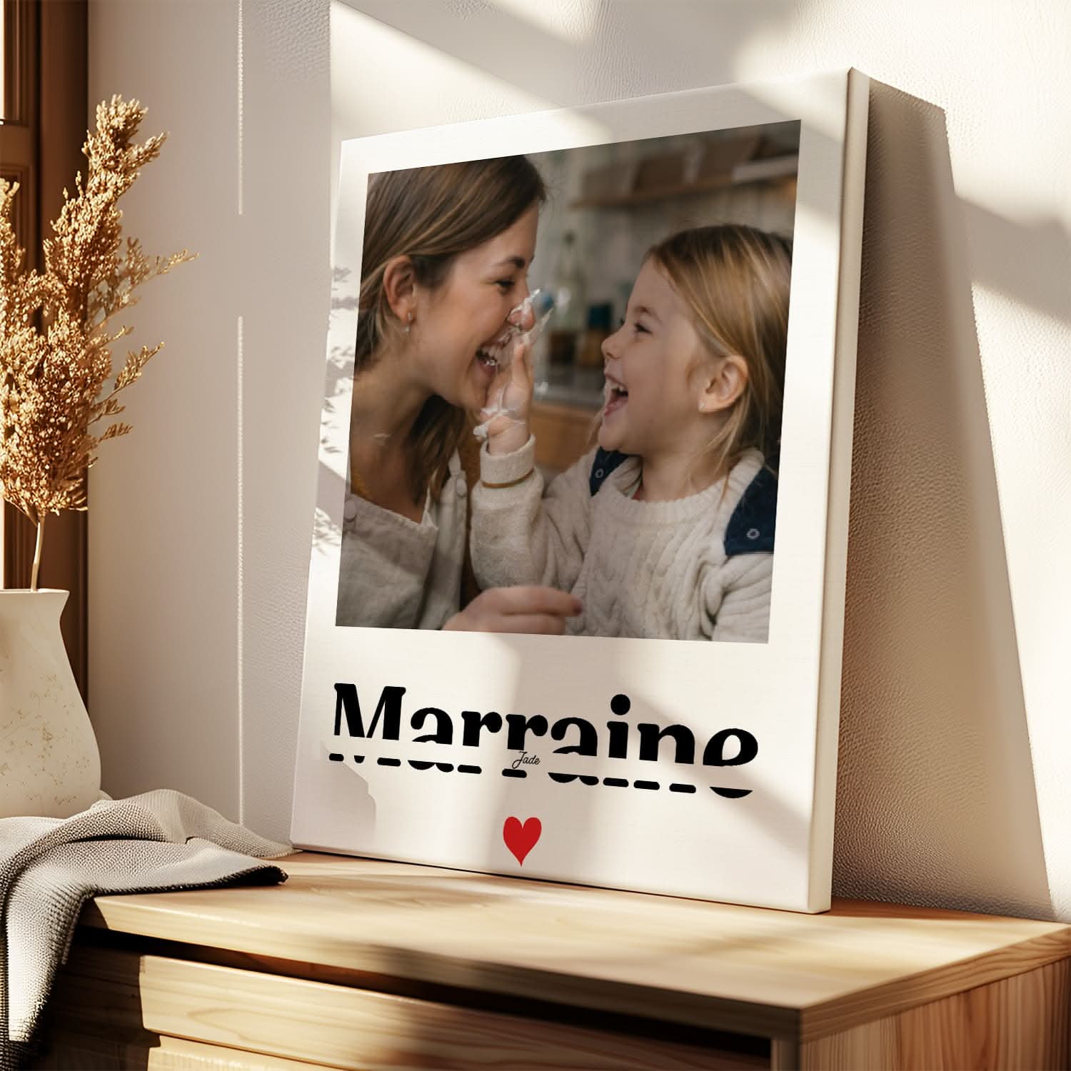 Toile Marraine Personnalisée Style Polaroid avec Prénom – Cadeau Marraine Original