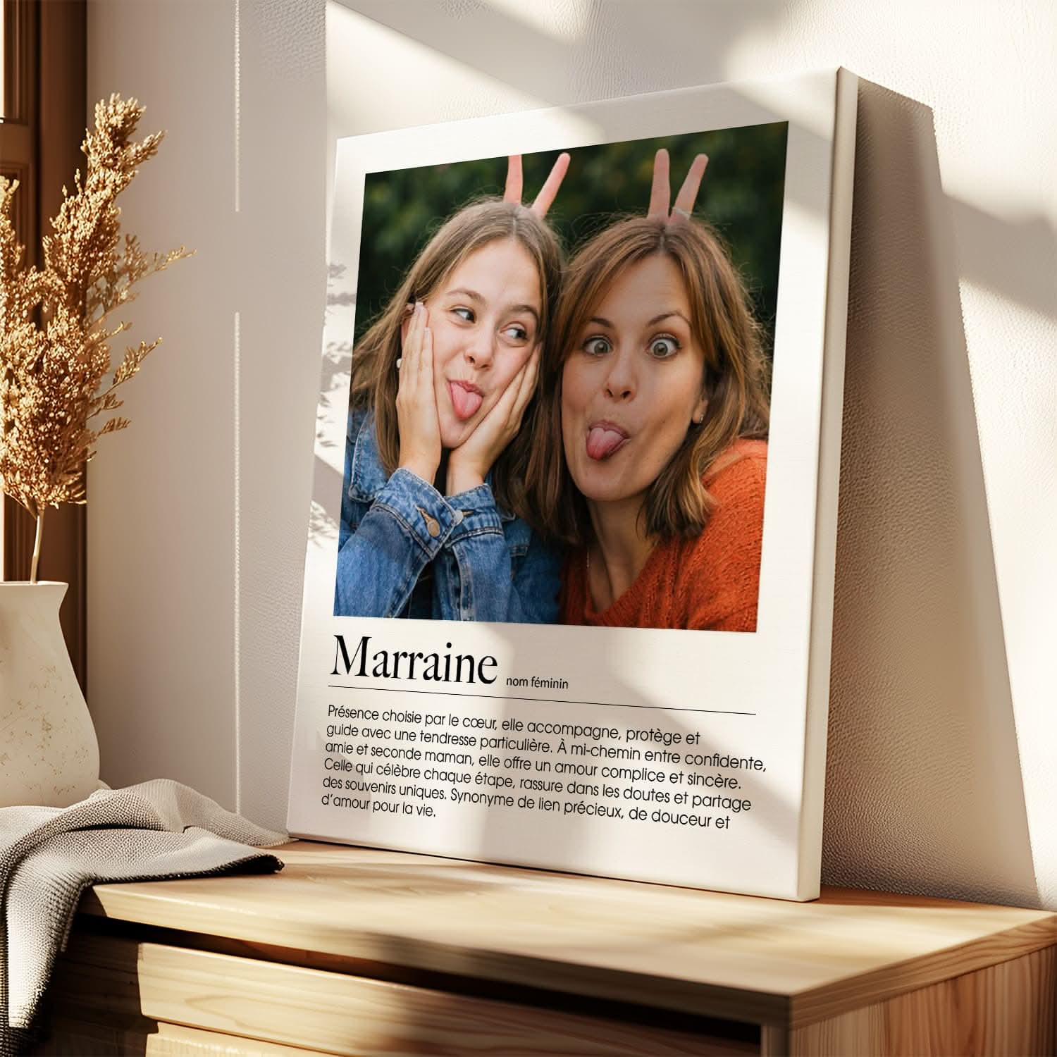 Toile Marraine Définition Personnalisée – Photo &amp; Texte – Cadeau Marraine Original