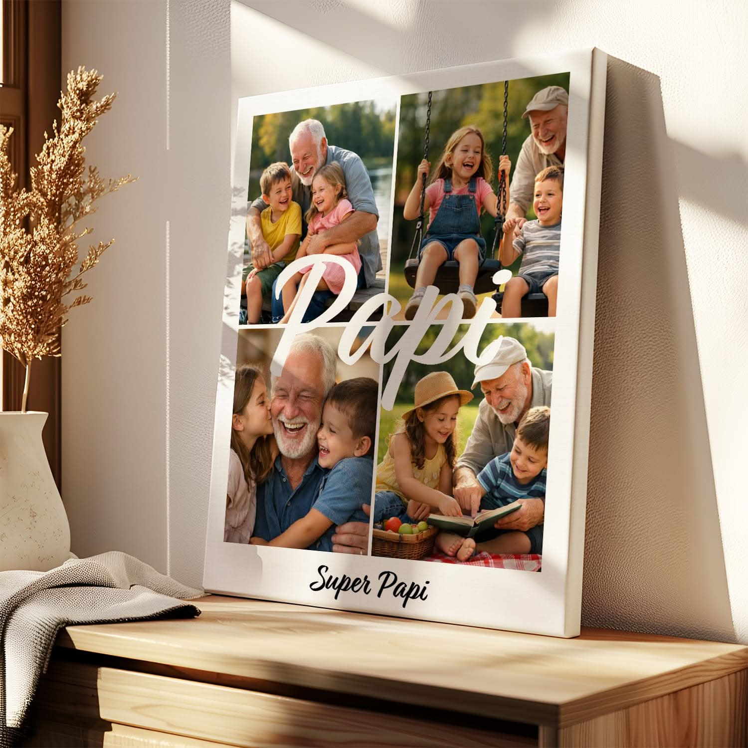 Toile Papi Personnalisée – Collage 4 Photos – Cadeau Grand-Père Original