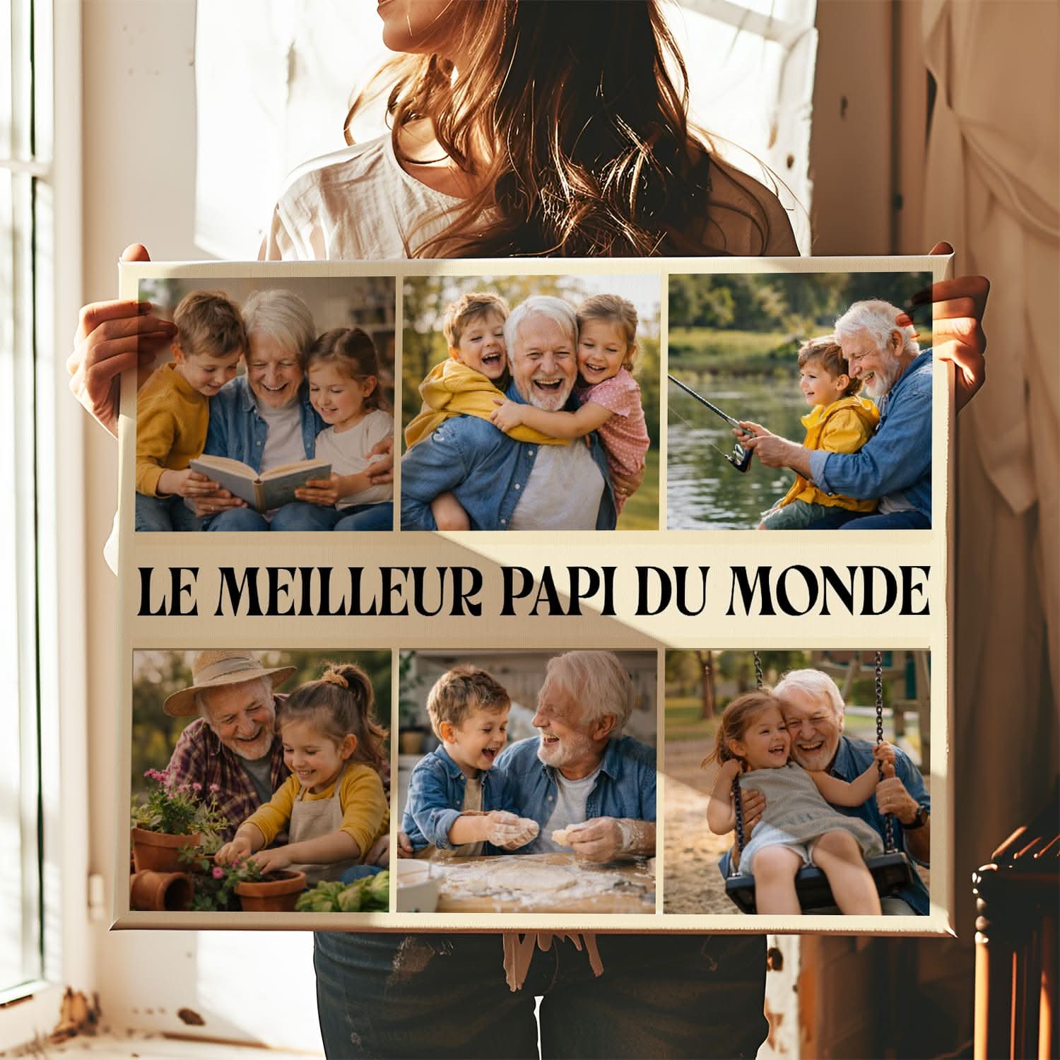 Toile Papi Personnalisée – Meilleur Papi du Monde Collage 6 Photos – Cadeau Original
