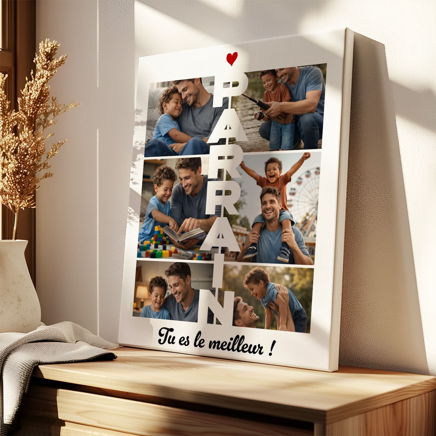 Toile Parrain Personnalisée – Collage 6 Photos Vertical – Cadeau Parrain Original