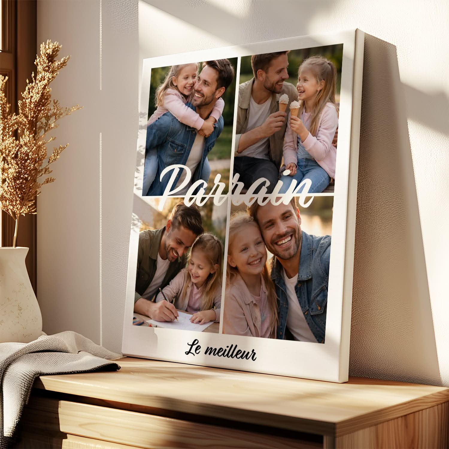 Toile Parrain Personnalisée – Collage 4 Photos &amp; Texte – Cadeau Parrain Original