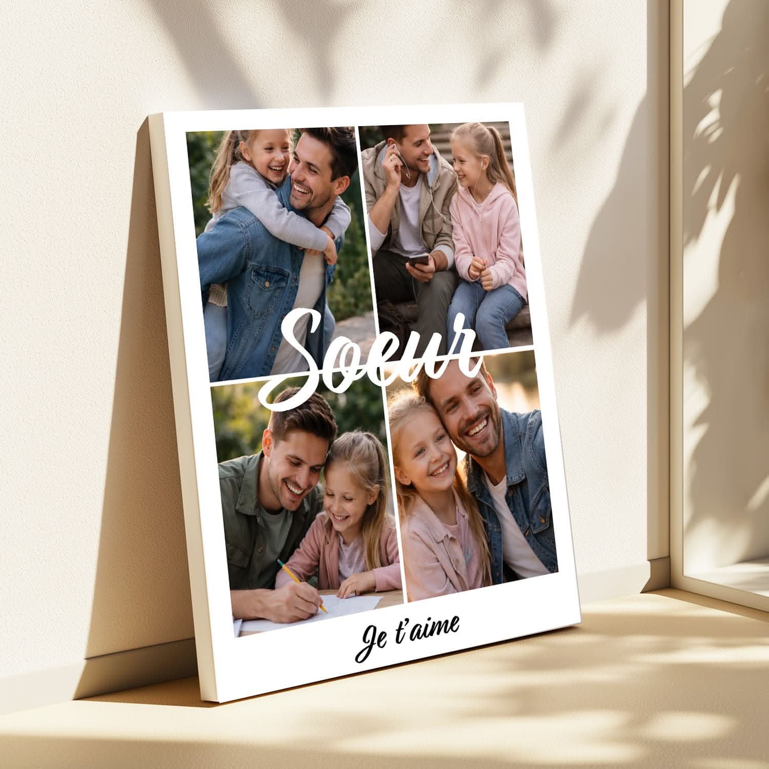 Toile Sœur Personnalisée – Collage 4 Photos &amp; Message – Cadeau Sœur Original